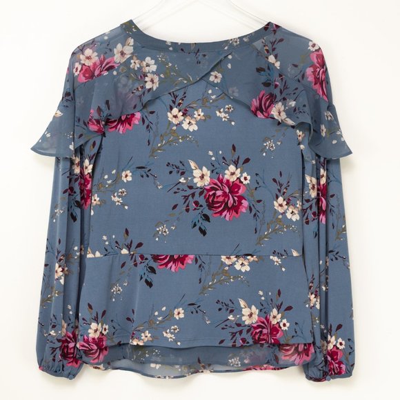 White House Black Market Blouse Tiered Sleeve Top Floral Shirt Blue Pink Size XS - Picture 2 of 7